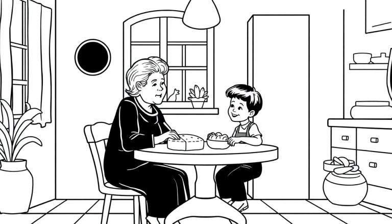 Página para colorir: uma avó sorridente e seu neto sentados em uma mesa redonda em uma cozinha aconchegante. A avó está cortando pão ou queijo, e o neto tem uma tigela cheia de bolinhas. A cena é emoldurada por detalhes de cozinha como janelas, plantas e armários.