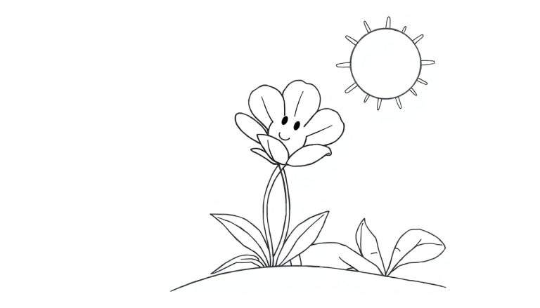 Desenho para colorir de uma flor com rosto feliz, sol e plantas.