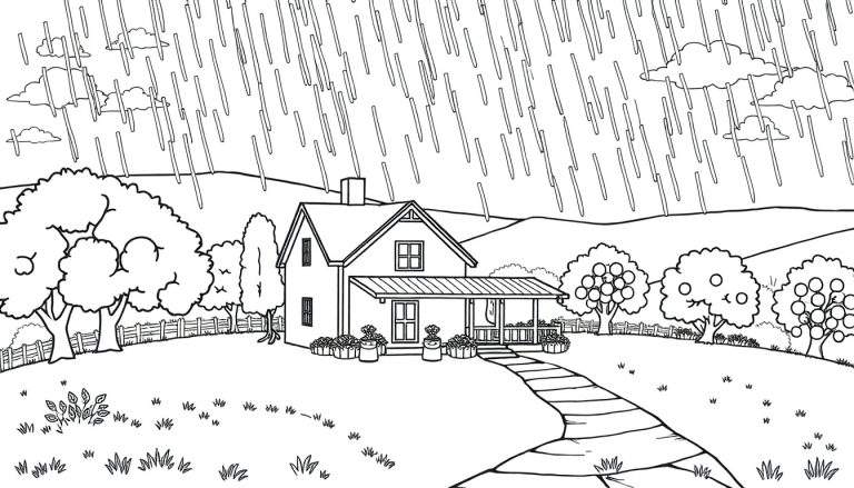 Desenho para colorir de uma casa em meio a uma paisagem rural durante uma chuva forte, com árvores, cerca e caminho.