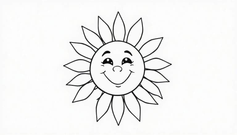Desenho em preto e branco de um girassol com um rosto sorridente e pétalas radiais, pronto para colorir.