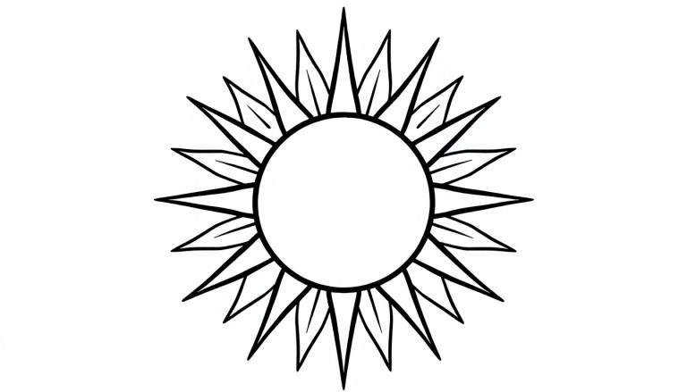 Ilustração em preto e branco para colorir de um sol ou flor estilizada com centro circular e raios alternados pontiagudos e arredondados.