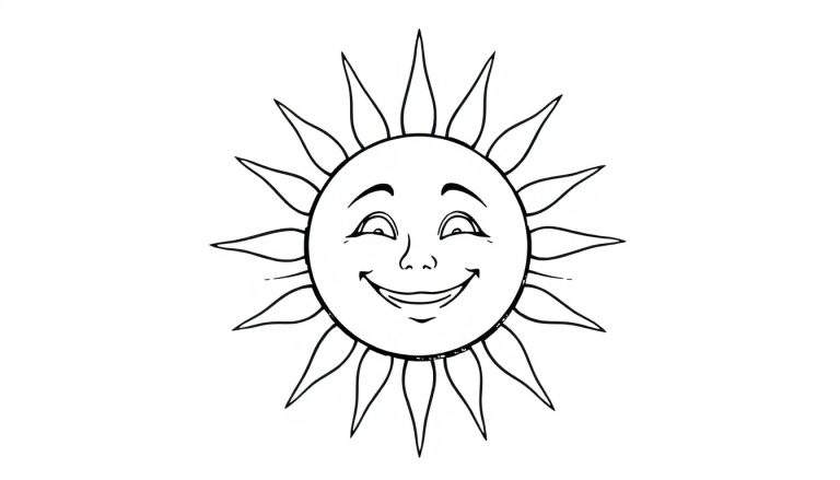 Desenho em preto e branco de um sol feliz e sorridente com raios pontiagudos, pronto para ser colorido.