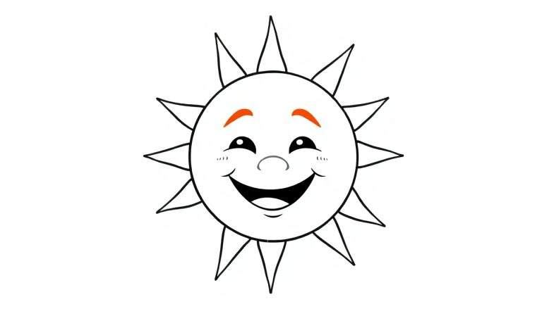 Desenho de um sol sorridente com raios pontiagudos, olhos pretos com brilho branco, sobrancelhas em laranja-avermelhado vibrante, nariz cinza claro e boca grande e aberta em preto.