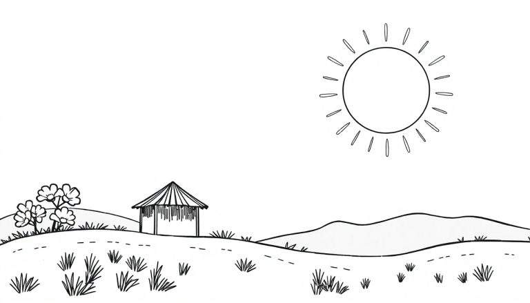 Página para colorir de paisagem rural com sol, colinas, grama, flores e uma cabana.