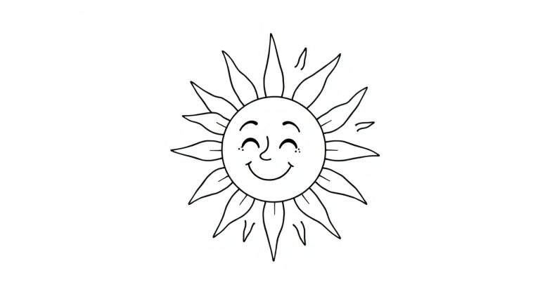 Página para colorir de um sol feliz com um grande sorriso.