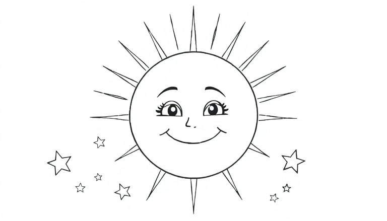 Desenho em preto e branco de um sol sorridente com raios e estrelas ao redor, pronto para ser colorido.