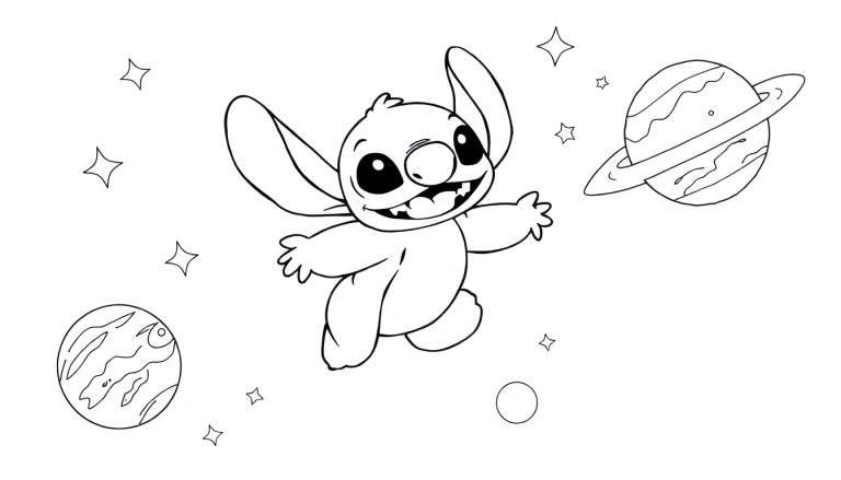Desenho para colorir do Stitch flutuando no espaço com planetas e estrelas.