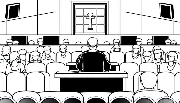 Ilustração em preto e branco para colorir mostrando uma cena formal de tribunal com um juiz, jurados e plateia. Um símbolo abstrato de justiça é proeminente na parede do fundo.