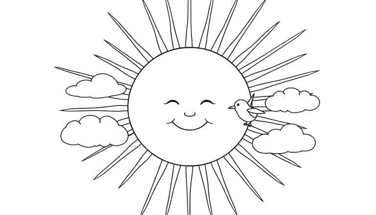 Página para colorir de um sol grande e redondo com um rosto feliz e sorridente, rodeado por cinco nuvens e um pequeno pássaro empoleirado num dos raios do sol.