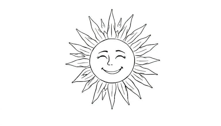 Desenho em linha de um sol sorridente com olhos fechados e boca aberta, rodeado por raios em forma de pétala.