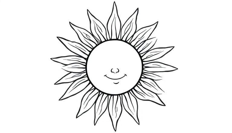 Desenho em preto e branco de um sol sorridente com raios longos e pontiagudos em forma de pétalas, pronto para ser colorido por crianças. O sol tem um sorriso grande e feliz e um pequeno nariz em forma de curva.
