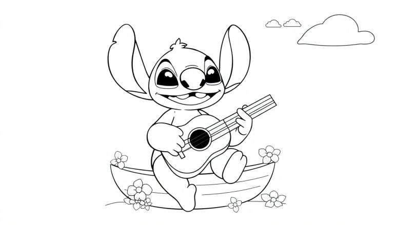 Página para colorir de Stitch a tocar guitarra numa embarcação, com flores e nuvens.