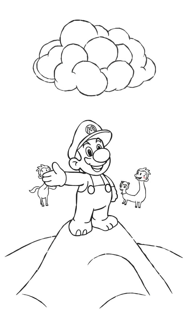 Desenho em linha preta e branca de Mario sorrindo e acenando, de pé em uma colina com três pequenas criaturas. Uma nuvem fofa está no céu.