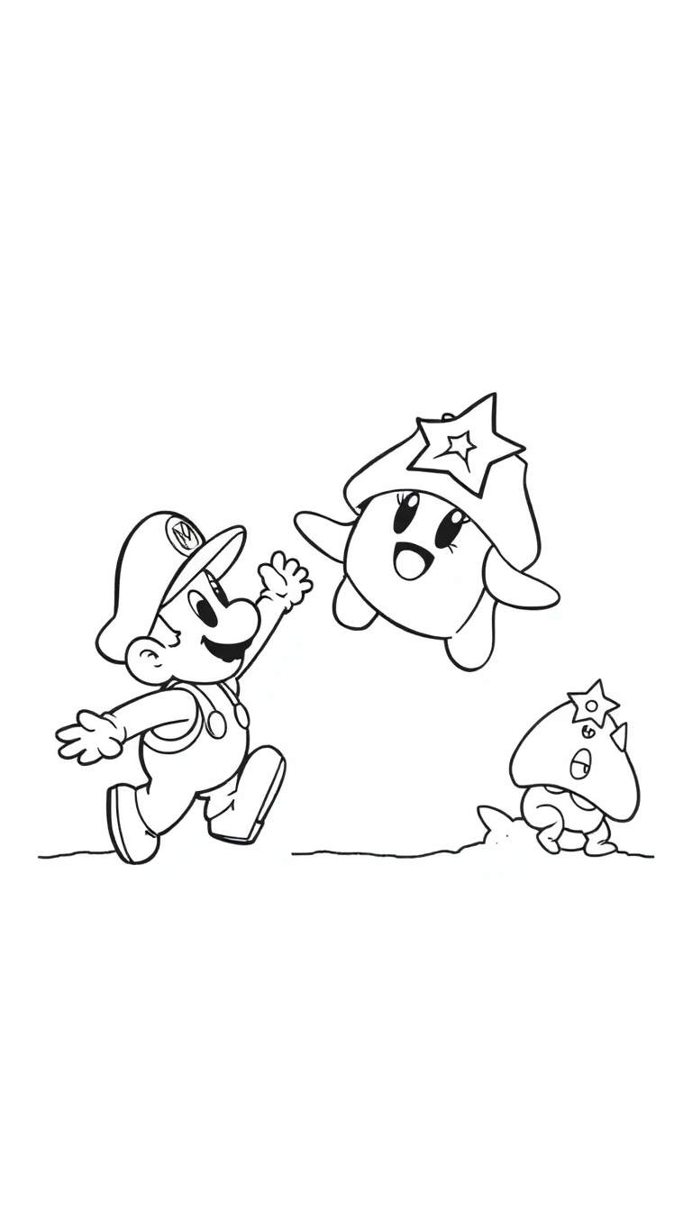 Desenho para colorir de Mario, uma Luma grande e uma Luma pequena do jogo Super Mario Galaxy, todos com contornos pretos sobre um fundo branco.