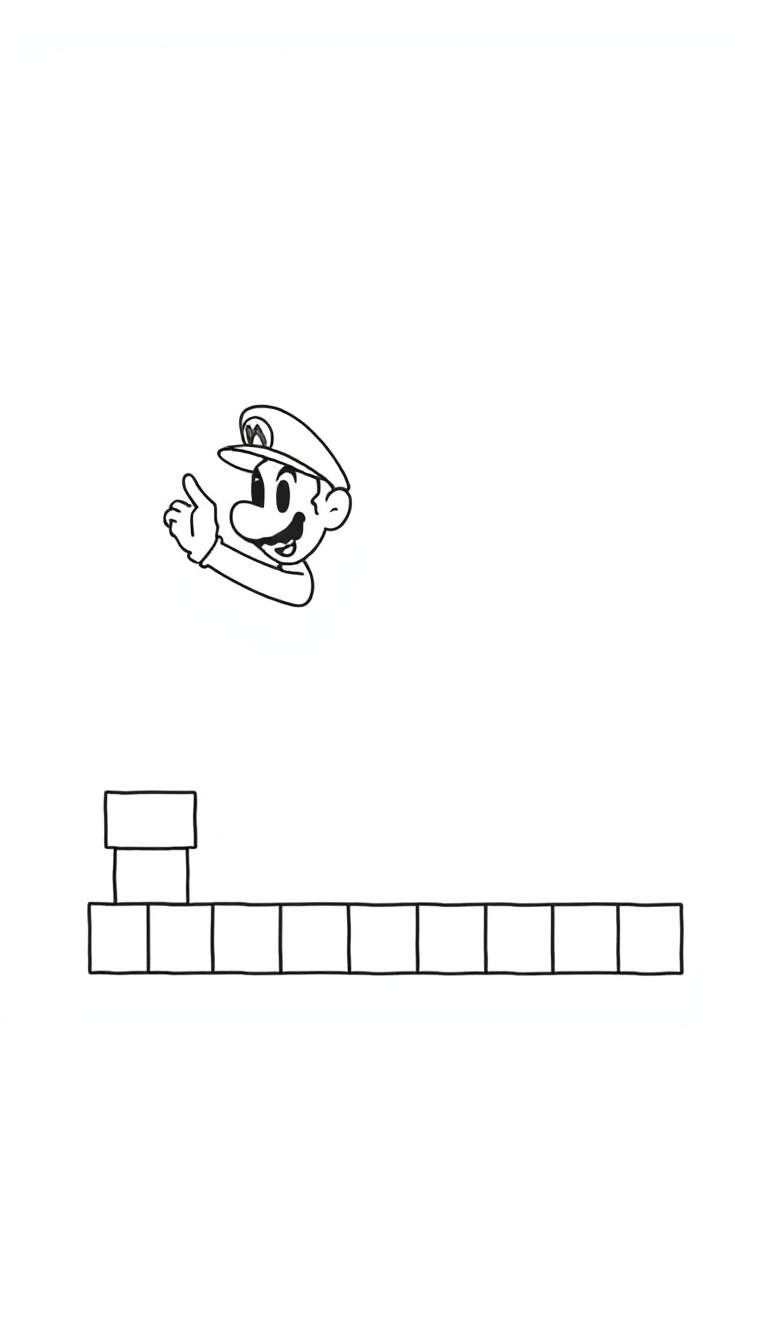 Página para colorir em preto e branco de um personagem semelhante a Mario, com um 'M' no boné e um sorriso, fazendo um gesto de 'joinha' para cima. Abaixo dele, há blocos de jogo empilhados.
