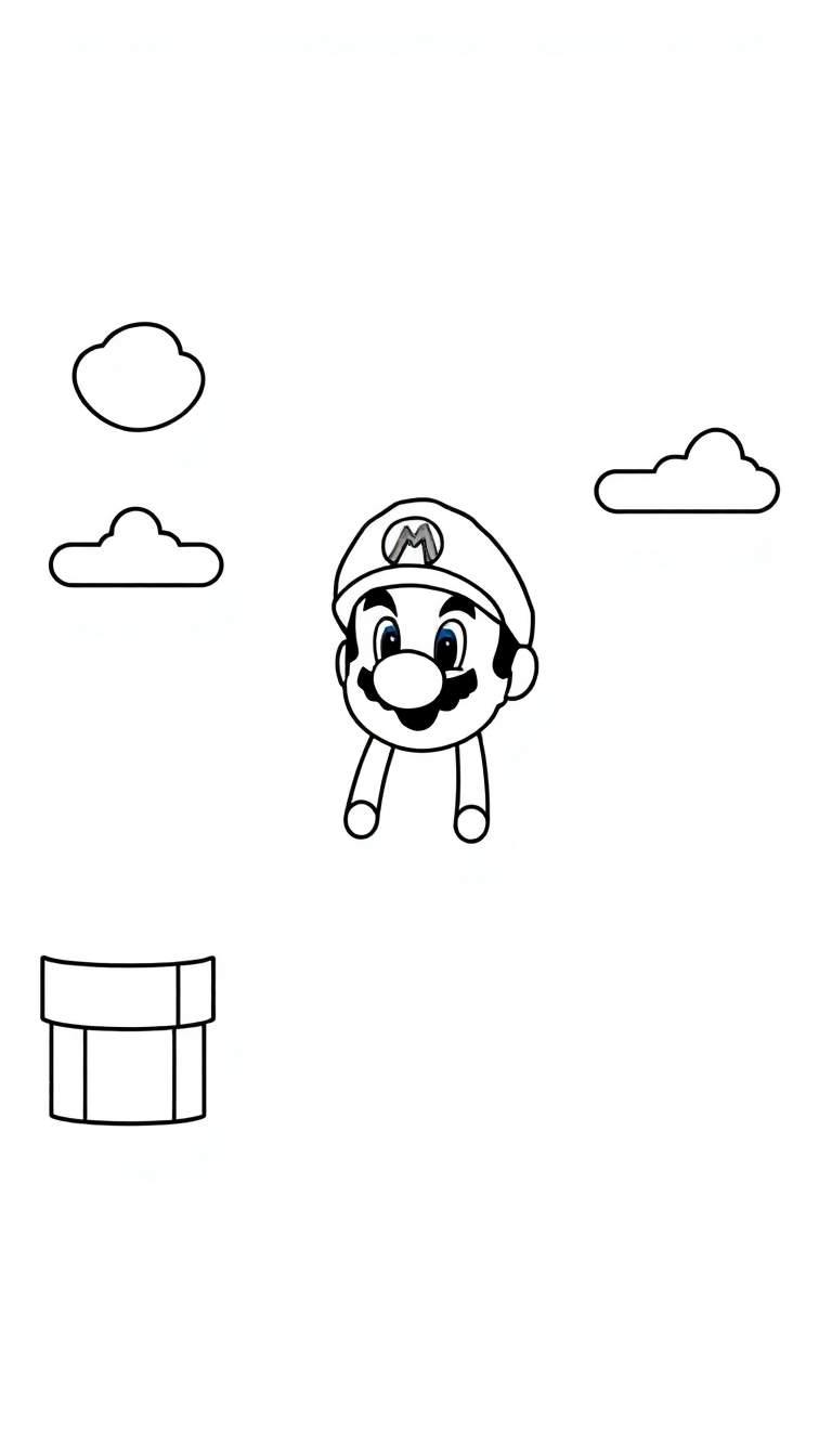 Desenho em preto e branco para colorir de Mario (apenas cabeça e pernas), três nuvens e um cano verde, com fundo branco.