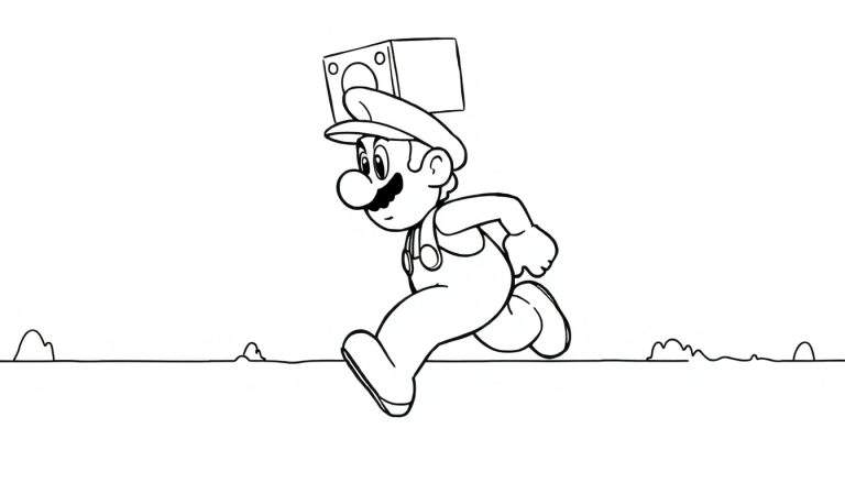 Desenho em preto e branco de um personagem similar a Mario correndo, usando seu macacão e boné, com uma caixa quadrada com um círculo e pontos em seu topo. Uma linha de chão aparece no fundo.