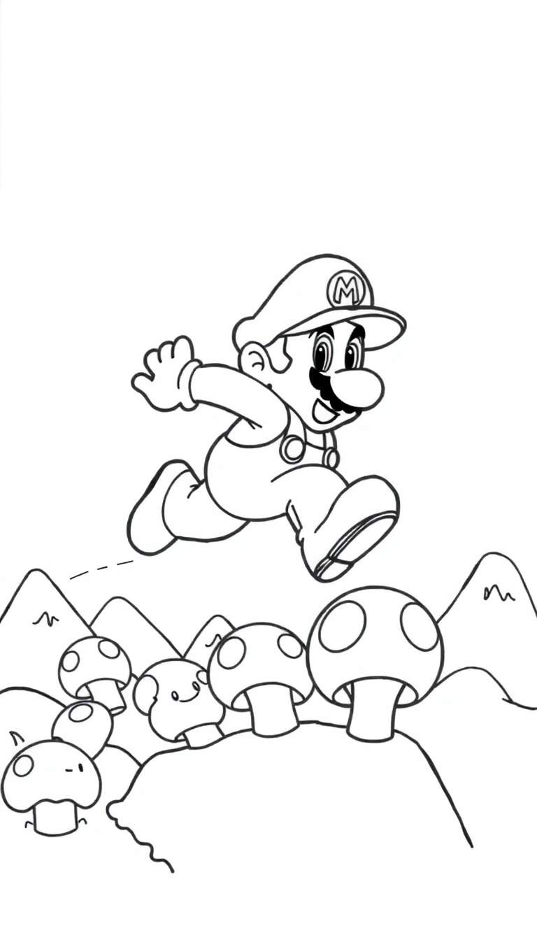 Página para colorir de Mario saltando sobre cogumelos e montanhas.