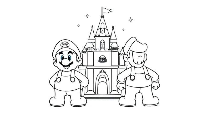 Página para colorir mostrando Mario e Luigi a posar em frente a um castelo detalhado, com estrelas brilhantes ao redor.