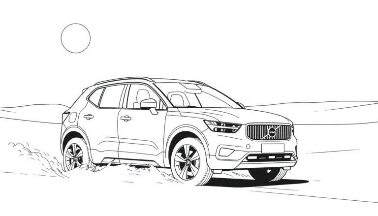 Desenho para colorir de um Volvo XC40 em movimento, levantando terra, com um cenário de colinas ao fundo.